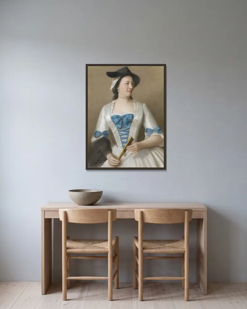 Portrait of Jeanne-Elisabeth Sellon, Lady Tyrell av Jean-Etienne Liotard inramad på en vägg