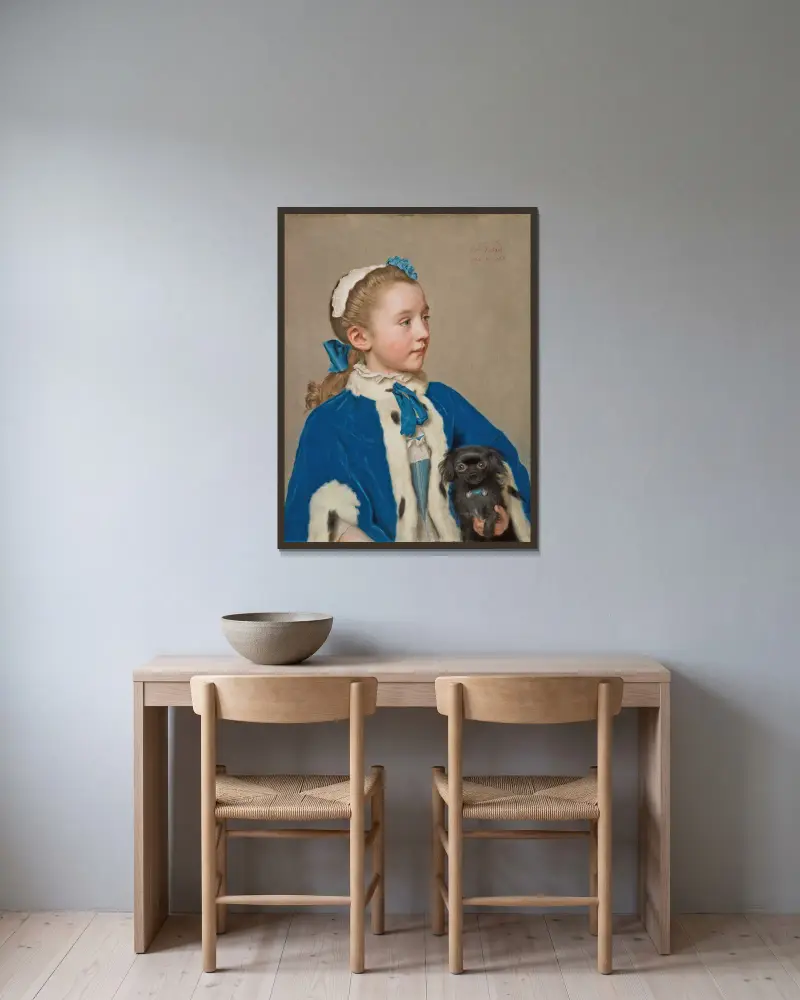 Portrait of Maria Frederike van Reede-Athlone at Seven Years of Age av Jean-Etienne Liotard inramad på en vägg