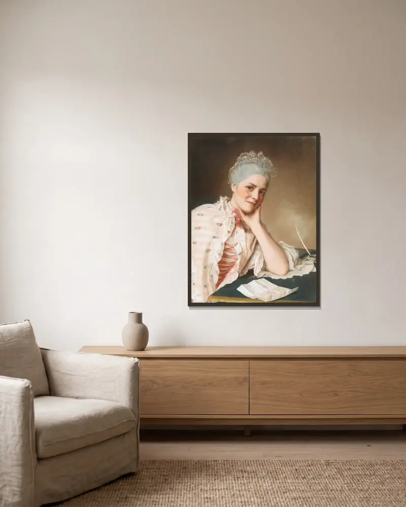 Portrait Of Mrs Jacquet av Jean-Etienne Liotard inramad på en vägg