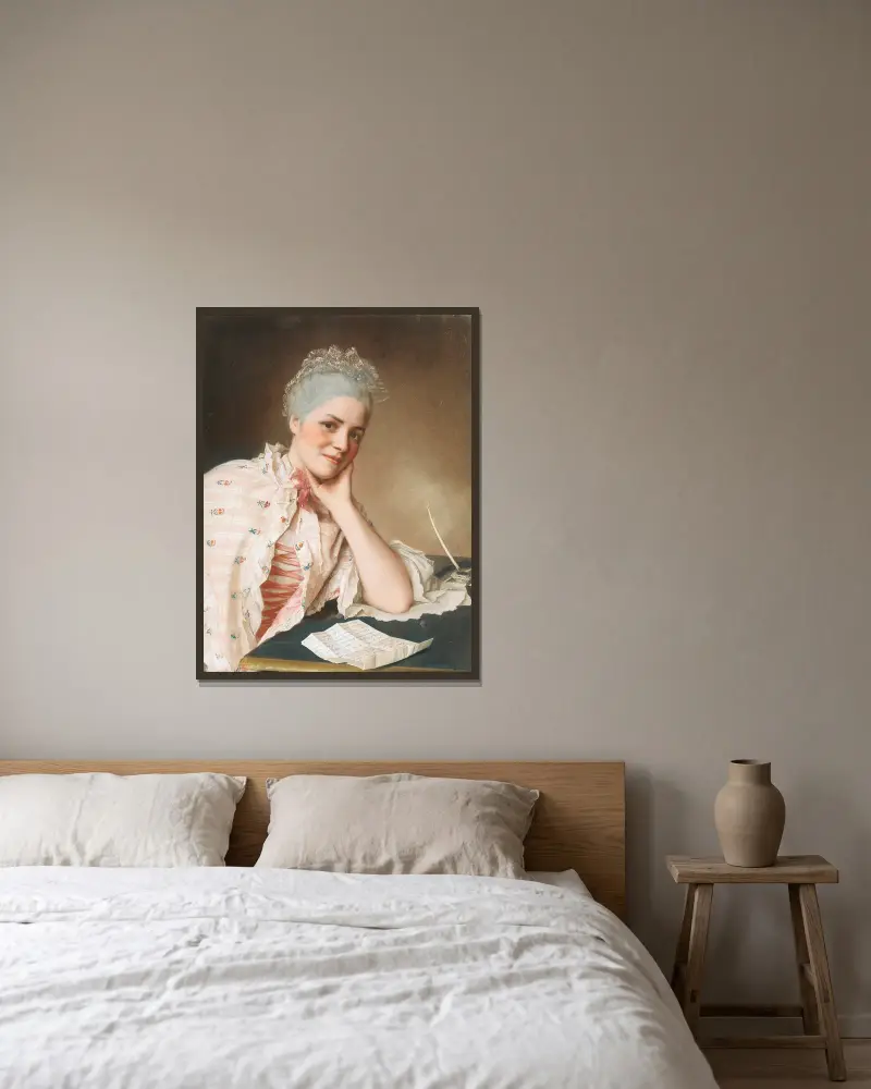 Portrait Of Mrs Jacquet av Jean-Etienne Liotard inramad på en vägg