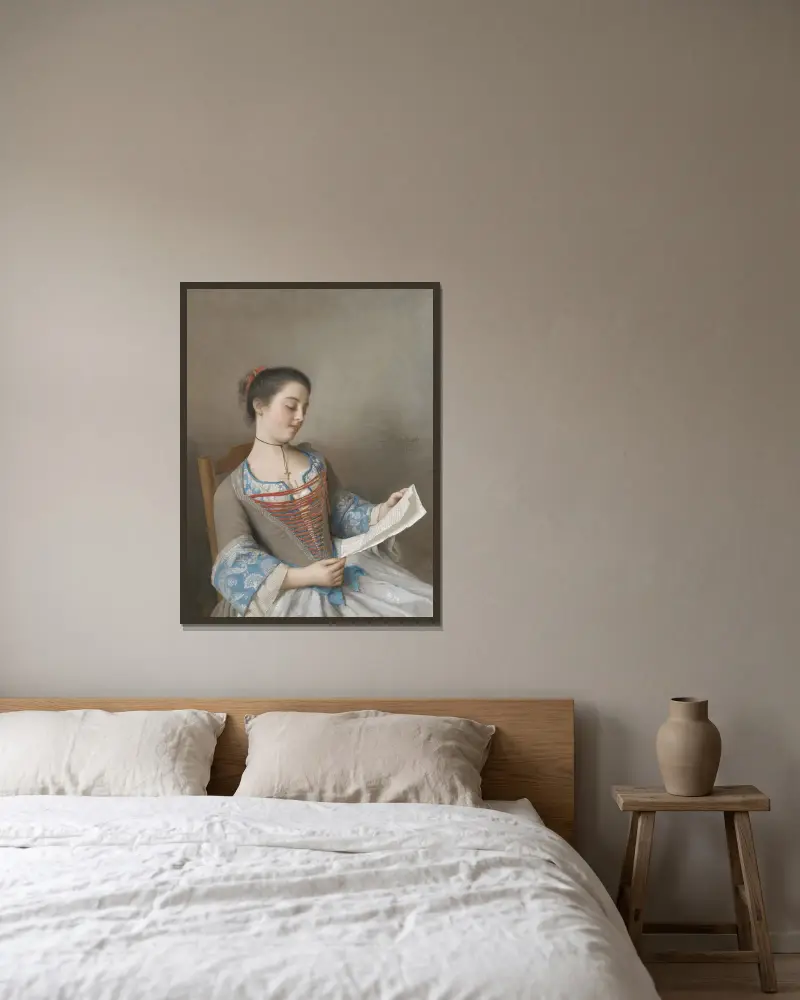 The Artist’s Niece, Marianne Lavergne, Known as ‘La Liseuse’ av Jean-Etienne Liotard inramad på en vägg
