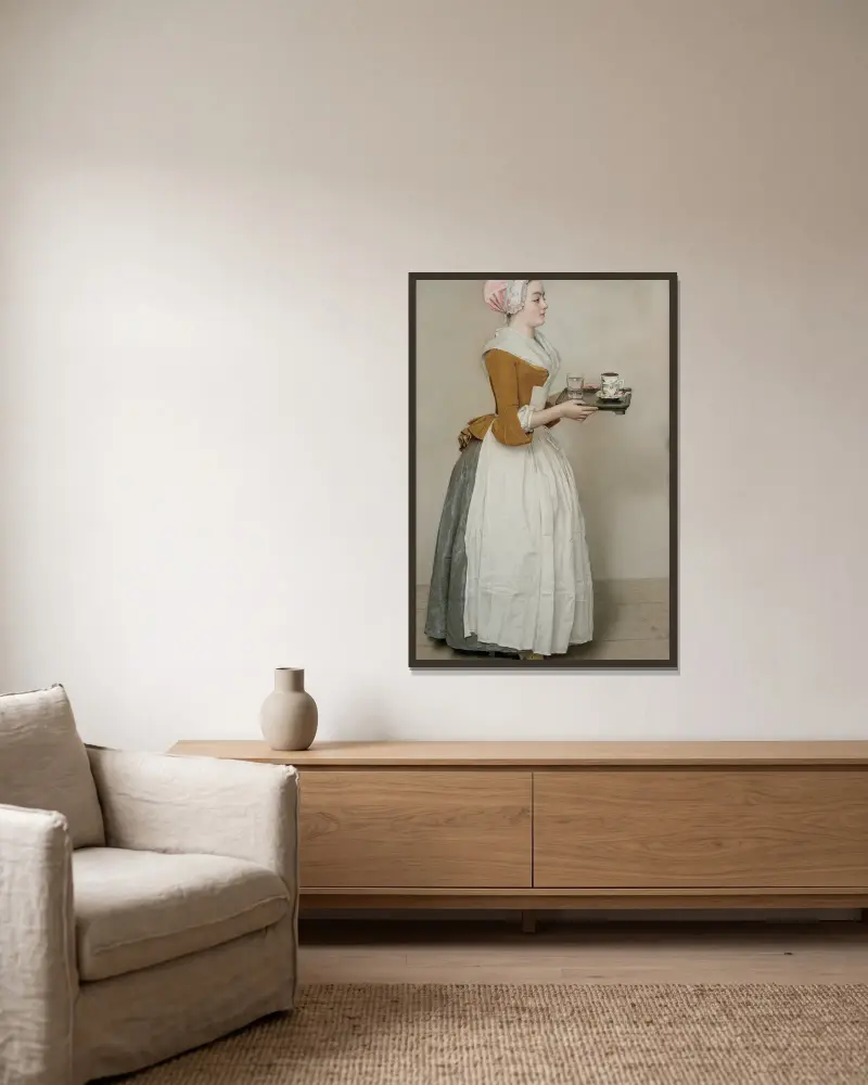 The Chocolate Girl av Jean-Etienne Liotard inramad på en vägg
