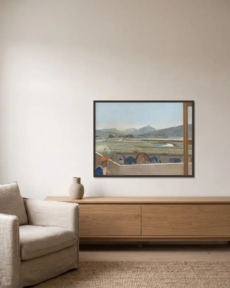 View toward the Mont Blanc Massif from the Artist’s Studio at Geneva, with a Self-portrait av Jean-Etienne Liotard inramad på en vägg