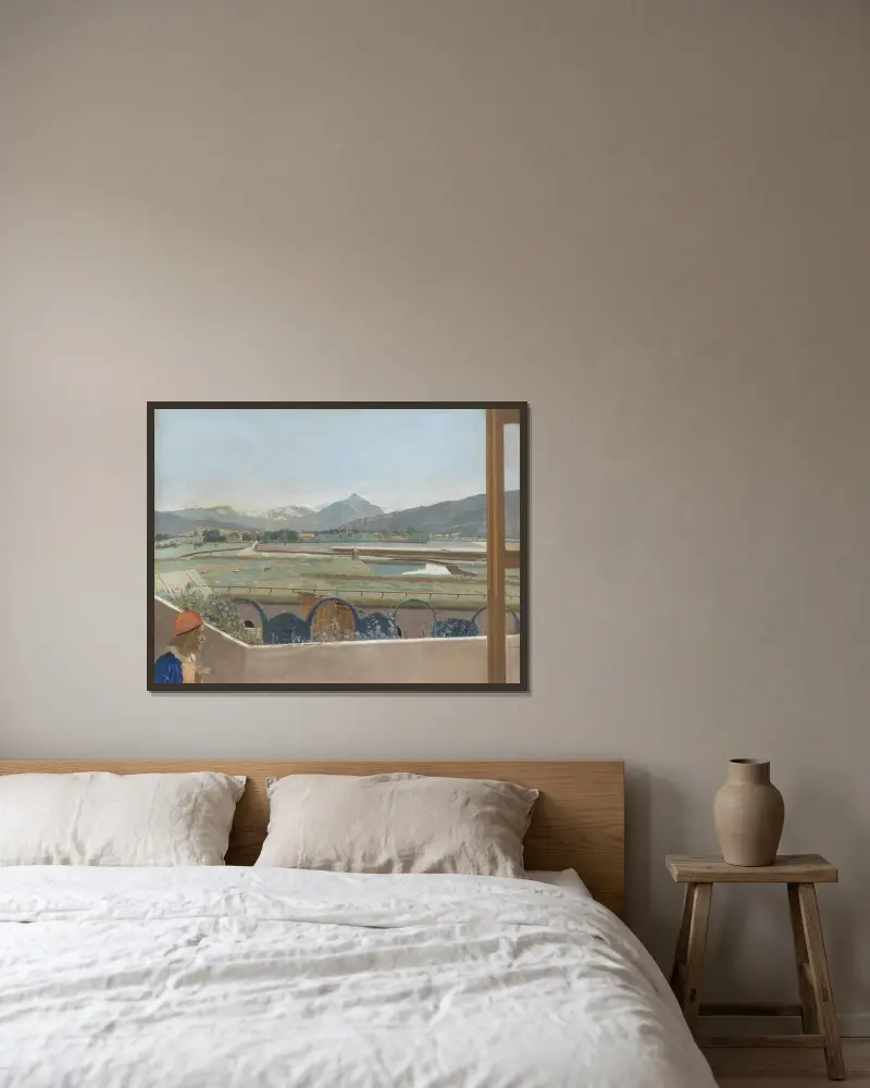 View toward the Mont Blanc Massif from the Artist’s Studio at Geneva, with a Self-portrait av Jean-Etienne Liotard inramad på en vägg