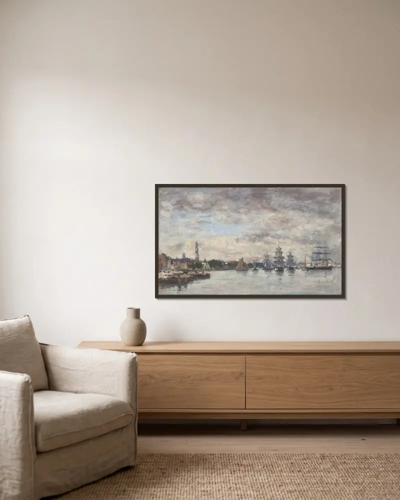 Antwerpen, båtar på Schelde av Eugène Boudin inramad på en vägg