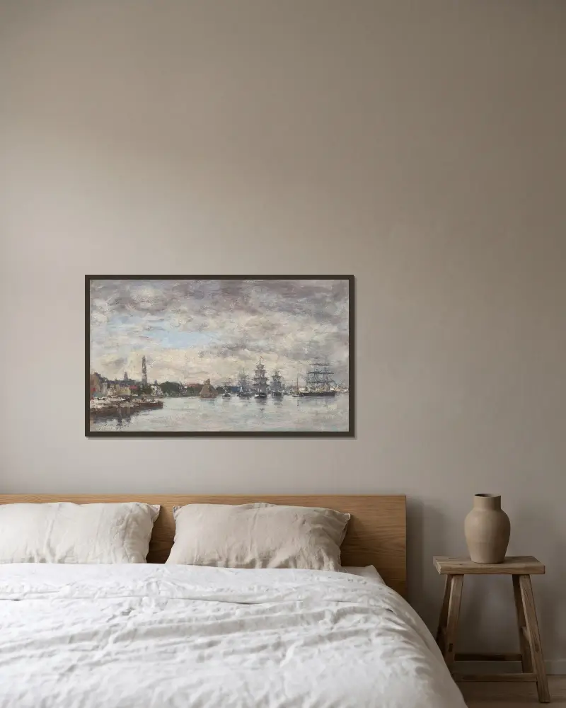 Antwerpen, båtar på Schelde av Eugène Boudin inramad på en vägg