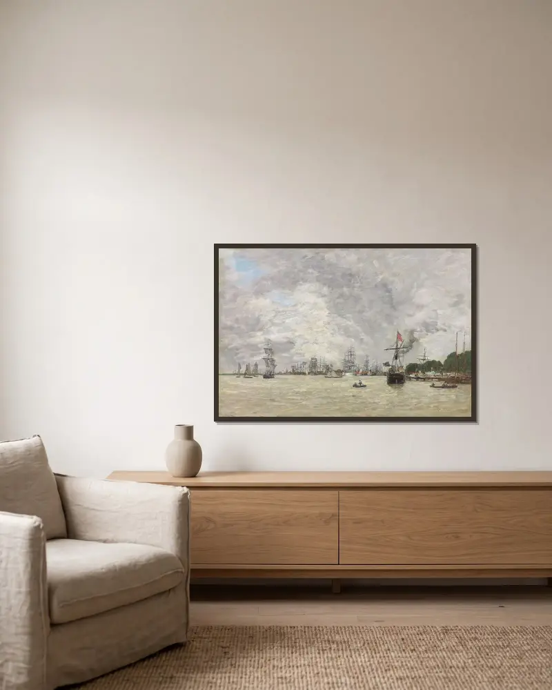 Båtar på Schelde vid Antwerpen av Eugène Boudin inramad på en vägg