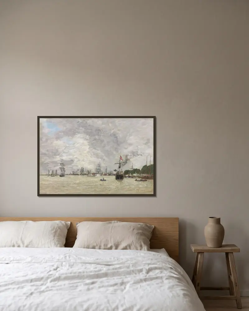 Båtar på Schelde vid Antwerpen av Eugène Boudin inramad på en vägg