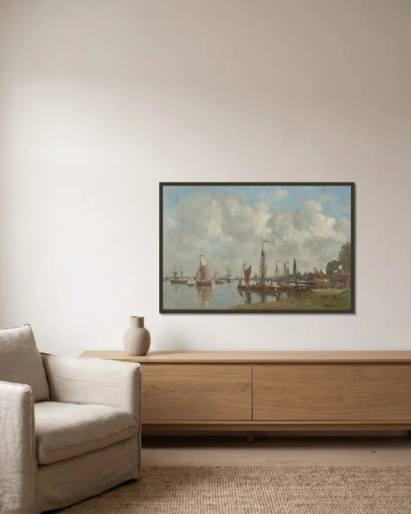 Antwerpen. Hamnen sedd från norra citadellet av Eugène Boudin inramad på en vägg