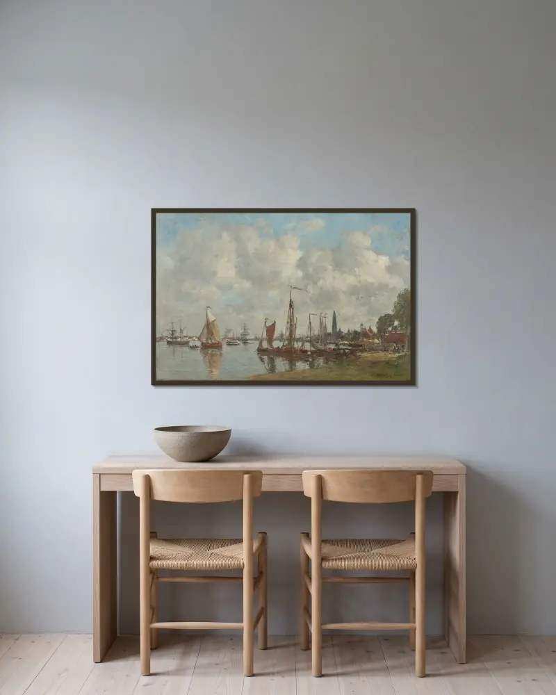 Antwerpen. Hamnen sedd från norra citadellet av Eugène Boudin inramad på en vägg