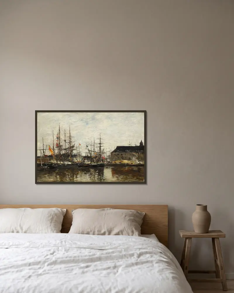 Antwerpen. Tre master vid kaj av Eugène Boudin inramad på en vägg