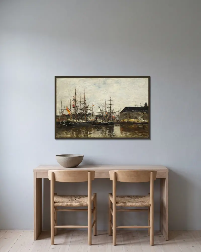 Antwerpen. Tre master vid kaj av Eugène Boudin inramad på en vägg