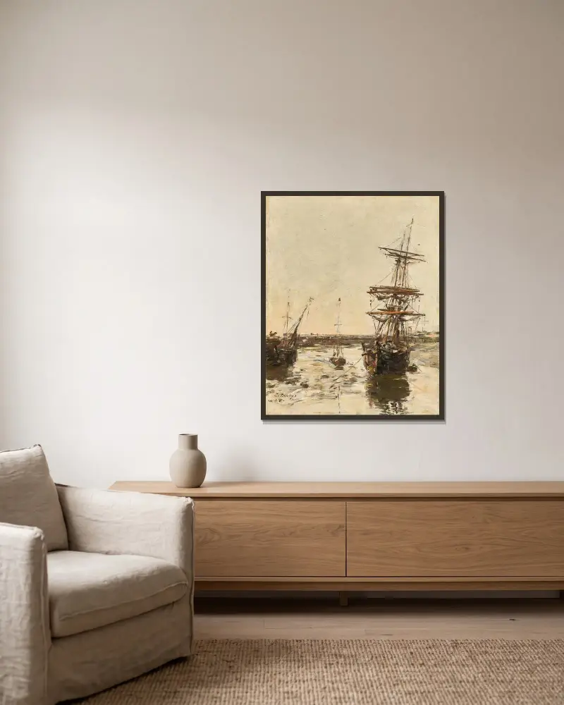 Före hamnen i Trouville av Eugène Boudin inramad på en vägg