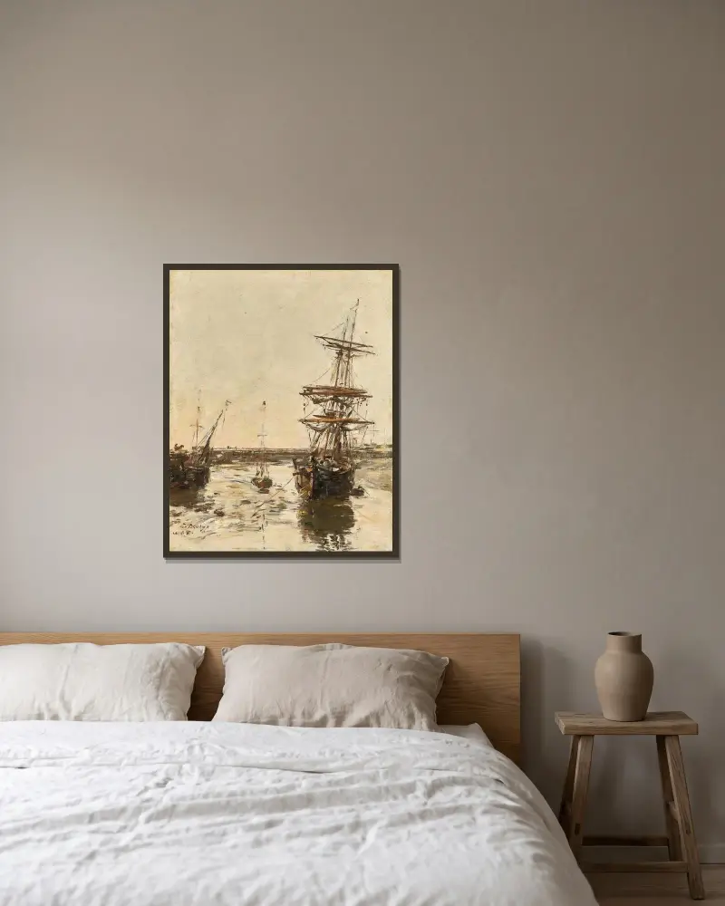 Före hamnen i Trouville av Eugène Boudin inramad på en vägg