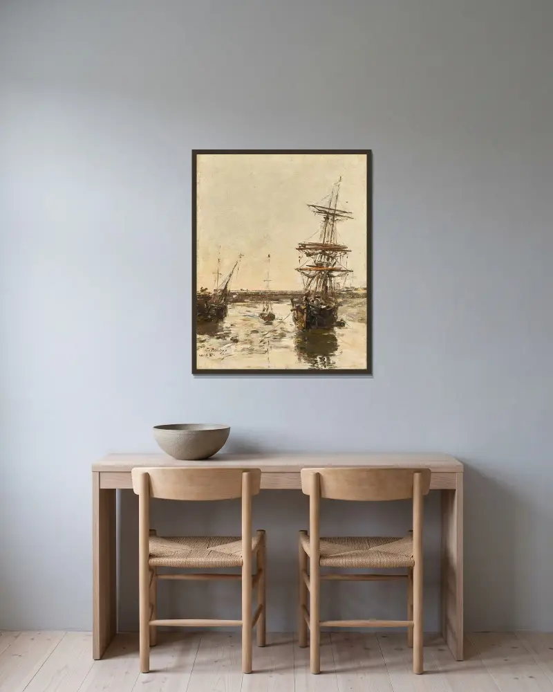 Före hamnen i Trouville av Eugène Boudin inramad på en vägg