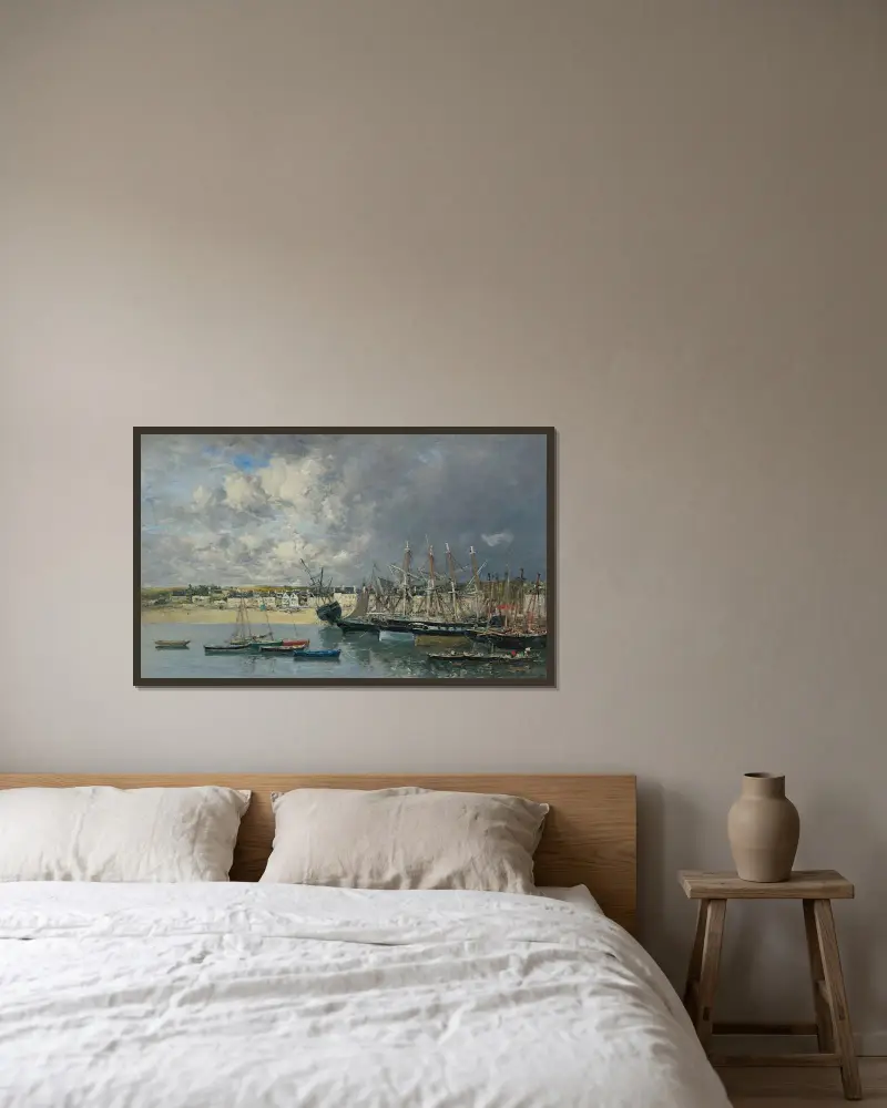 Vor Anker liegende Boote im Hafen, Portrieux von Eugène Boudin gerahmt an einer Wand