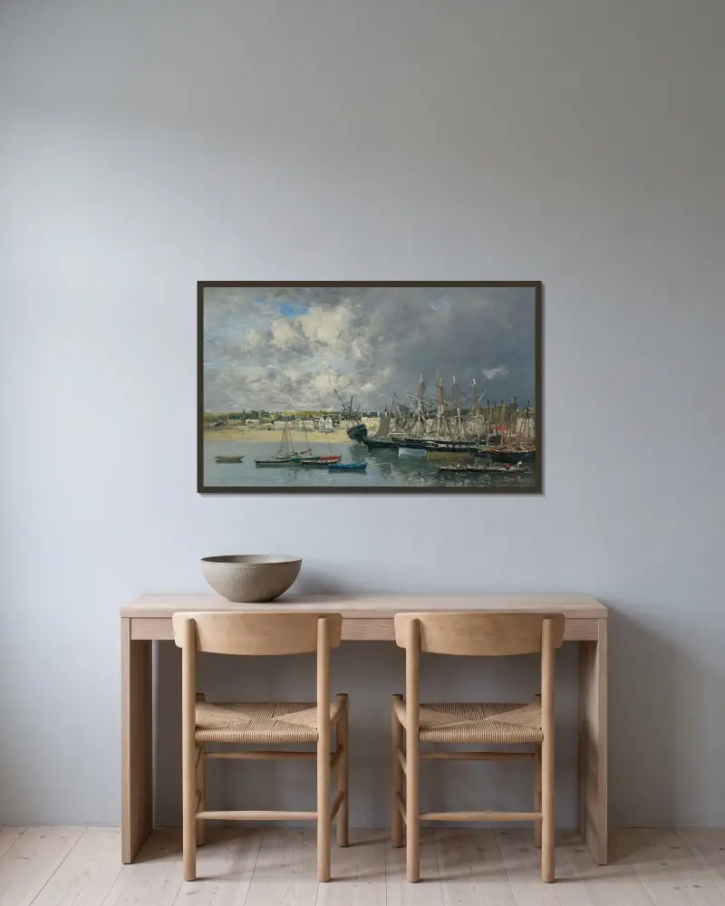 Vor Anker liegende Boote im Hafen, Portrieux von Eugène Boudin gerahmt an einer Wand