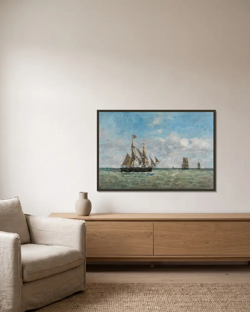 Fiskebåtar utanför Trouville av Eugène Boudin inramad på en vägg