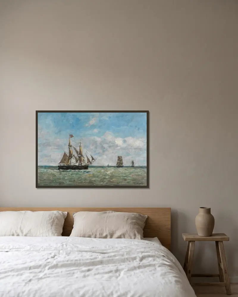 Fiskebåtar utanför Trouville av Eugène Boudin inramad på en vägg