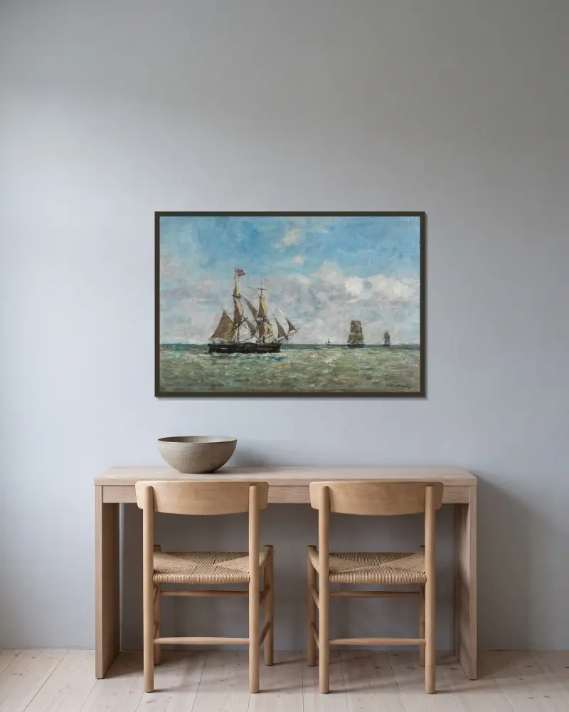 Fiskebåtar utanför Trouville av Eugène Boudin inramad på en vägg