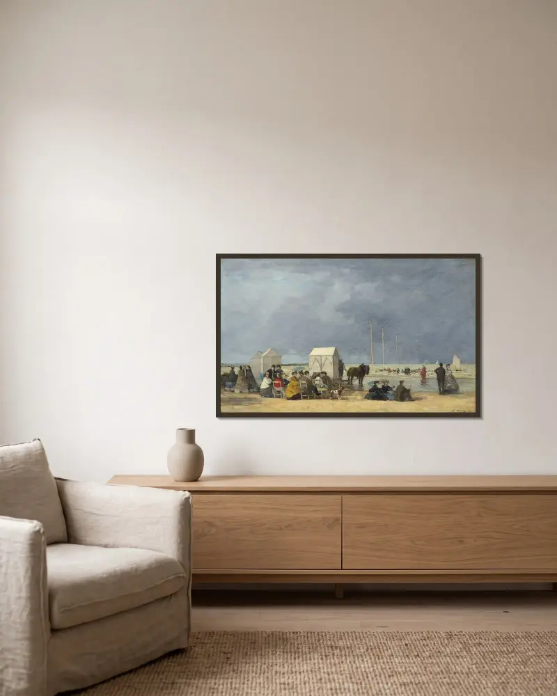 Badtid i Deauville av Eugène Boudin inramad på en vägg