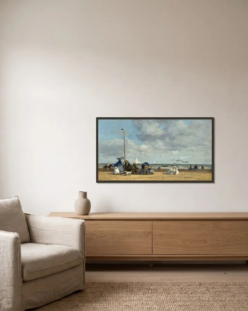Stranden vid Trouville av Eugène Boudin inramad på en vägg
