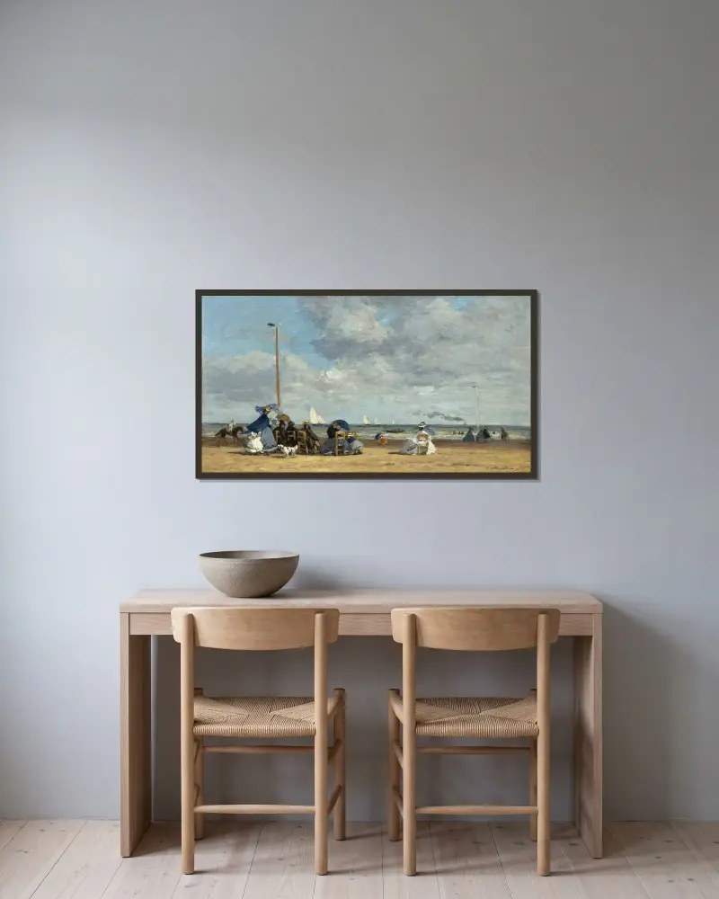 Stranden vid Trouville av Eugène Boudin inramad på en vägg