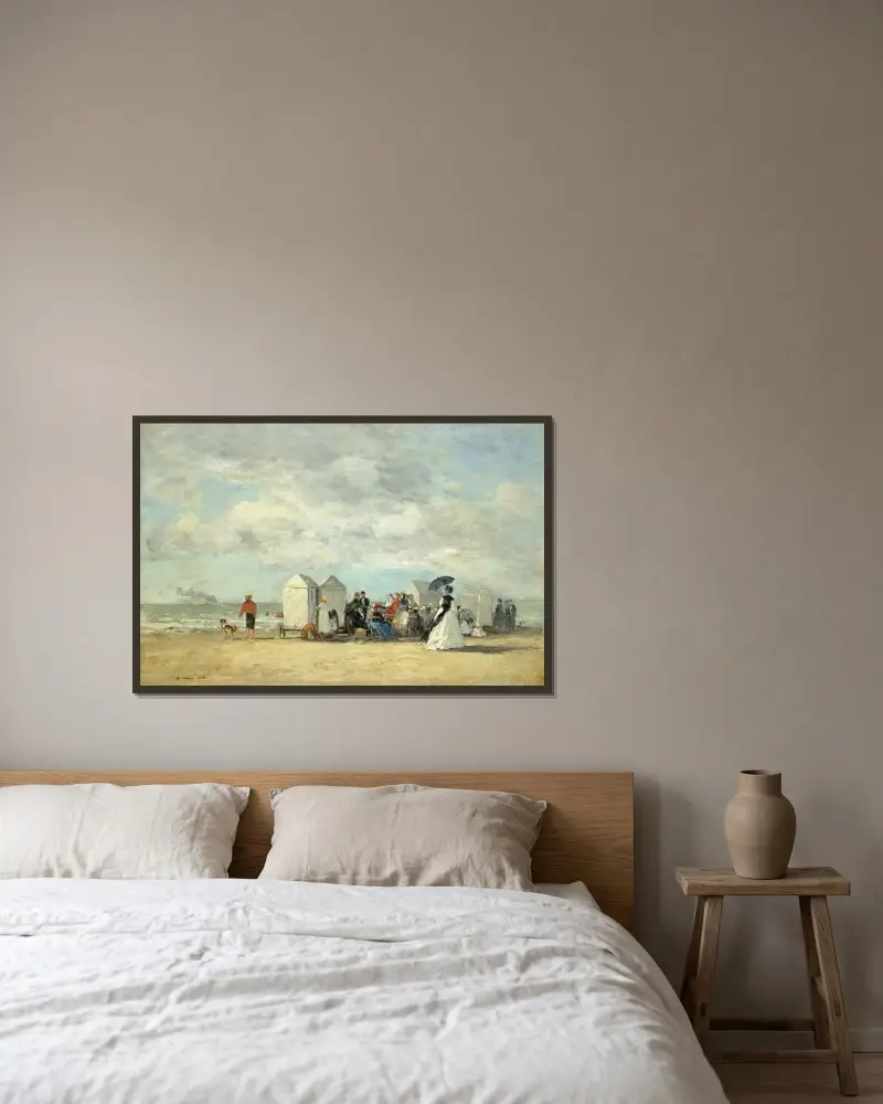Strandscen av Eugène Boudin inramad på en vägg
