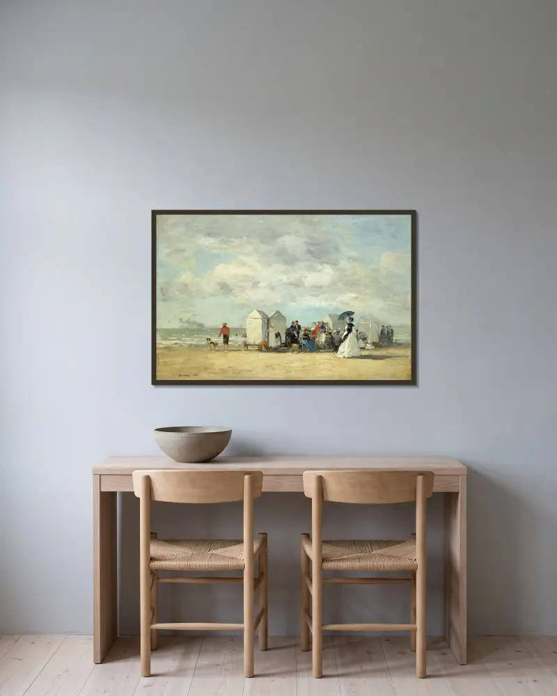 Strandscen av Eugène Boudin inramad på en vägg