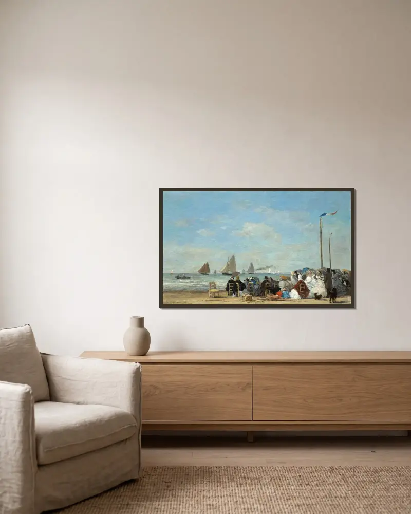 Strandscen vid Trouville av Eugène Boudin inramad på en vägg