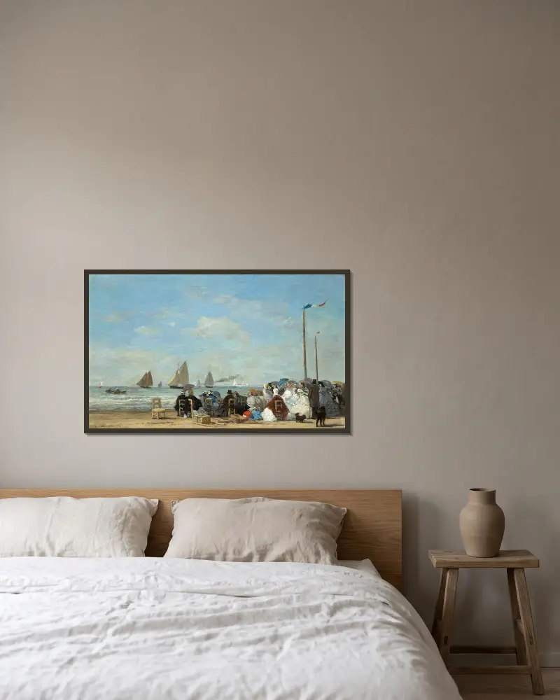 Strandscen vid Trouville av Eugène Boudin inramad på en vägg