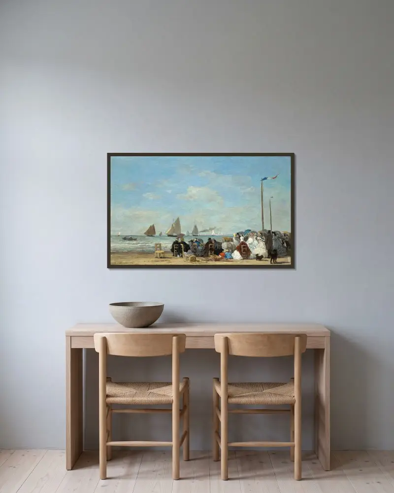 Strandscen vid Trouville av Eugène Boudin inramad på en vägg