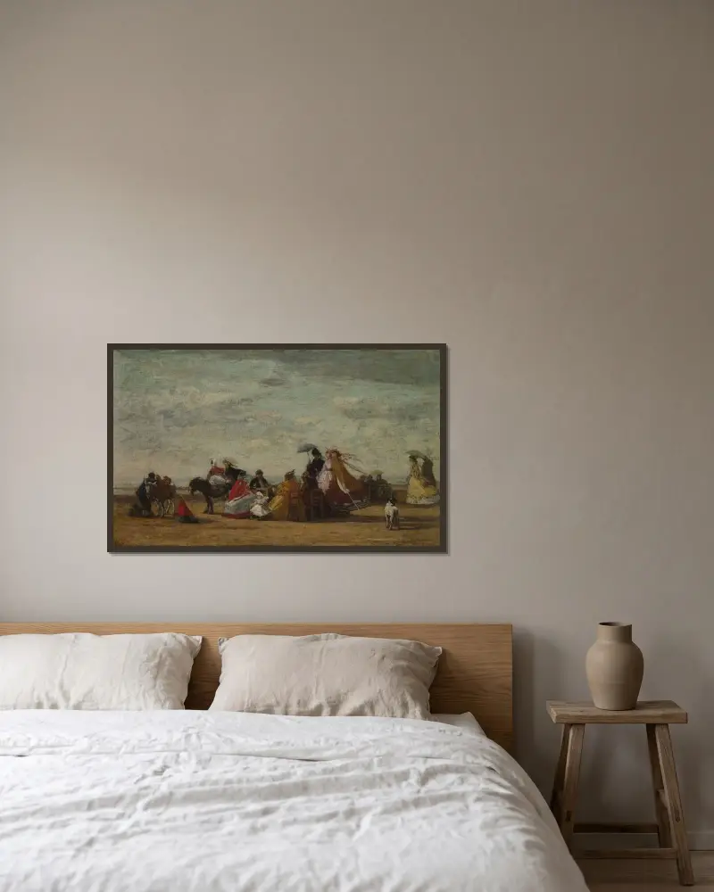 Strandscen av Eugène Boudin inramad på en vägg