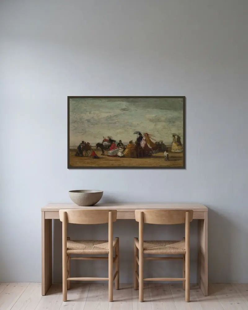 Strandscen av Eugène Boudin inramad på en vägg