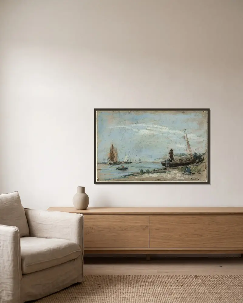 Strand med fiskebåtar av Eugène Boudin inramad på en vägg