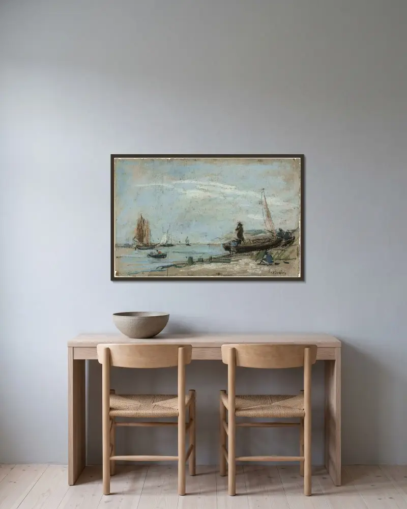 Strand med fiskebåtar av Eugène Boudin inramad på en vägg
