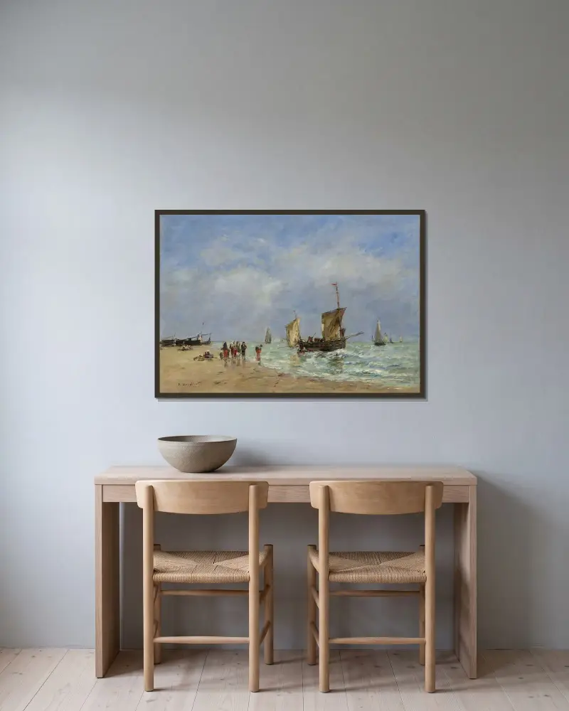 Berck, båtarnas riggning av Eugène Boudin inramad på en vägg