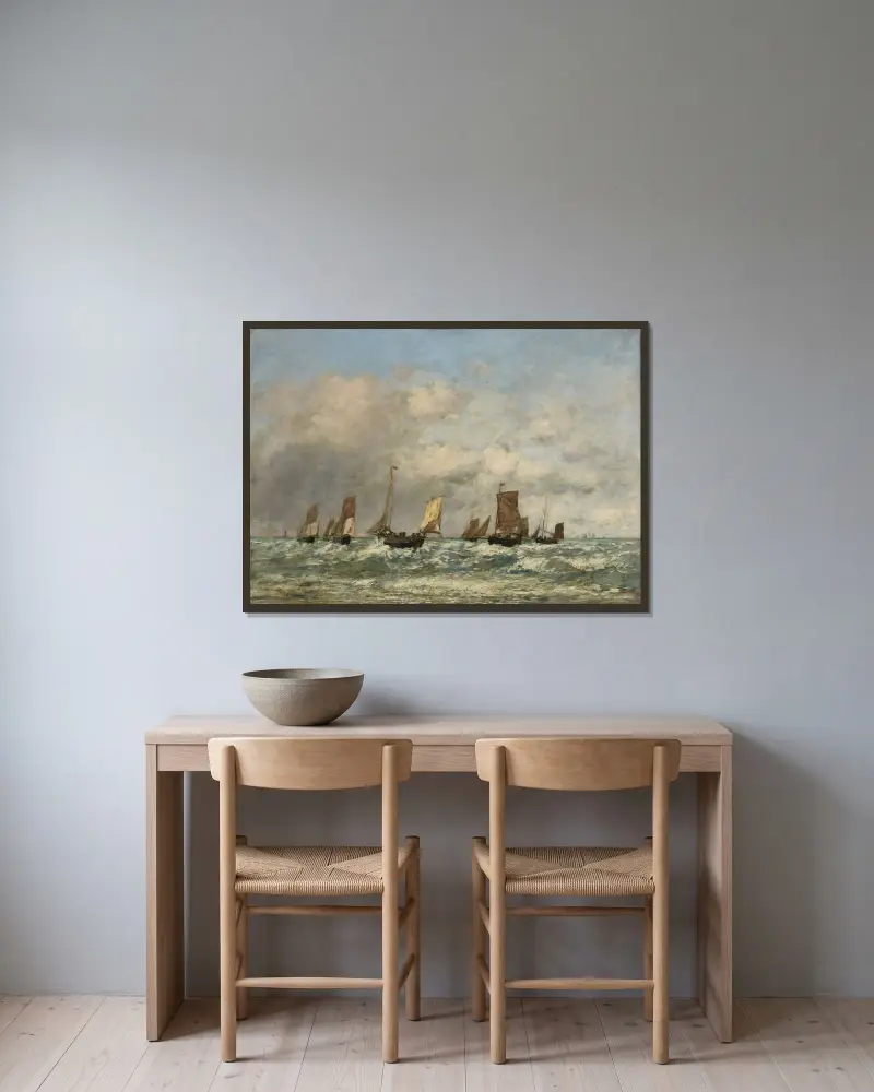 Berck; båtarnas avfärd av Eugène Boudin inramad på en vägg