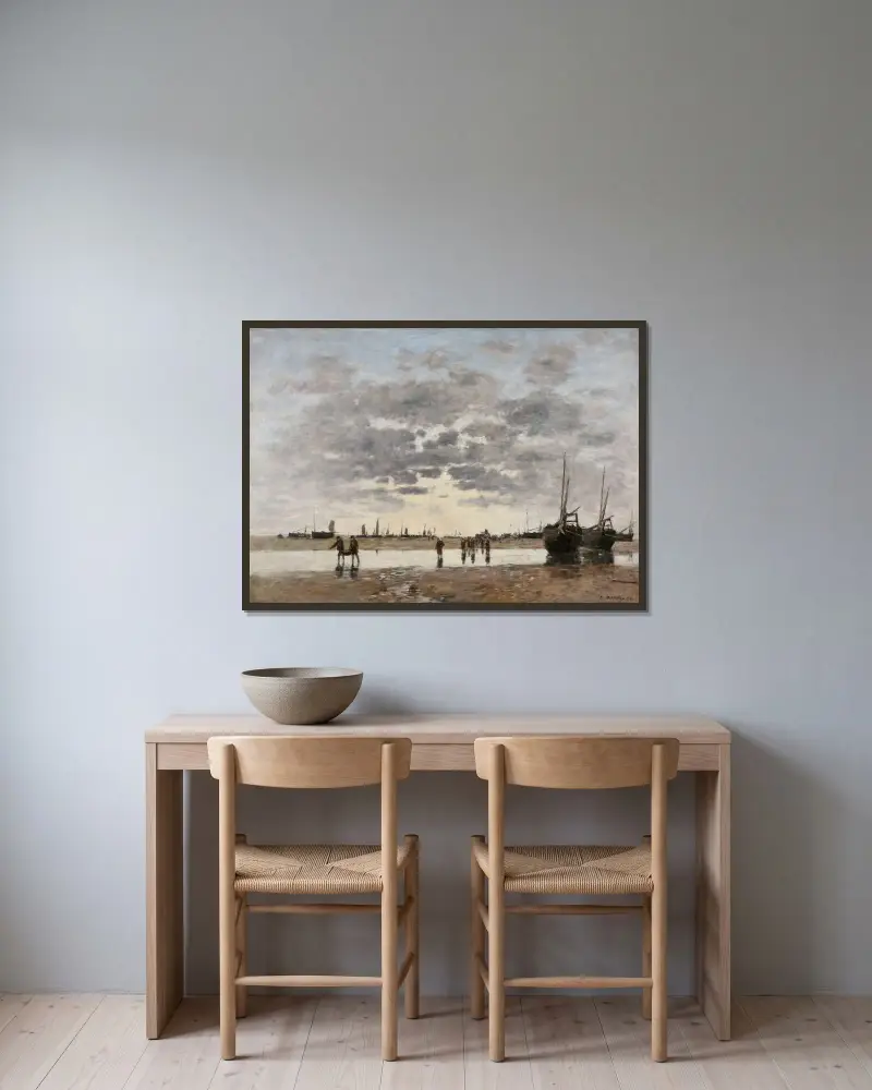 Berck; båtarnas återkomst av Eugène Boudin inramad på en vägg