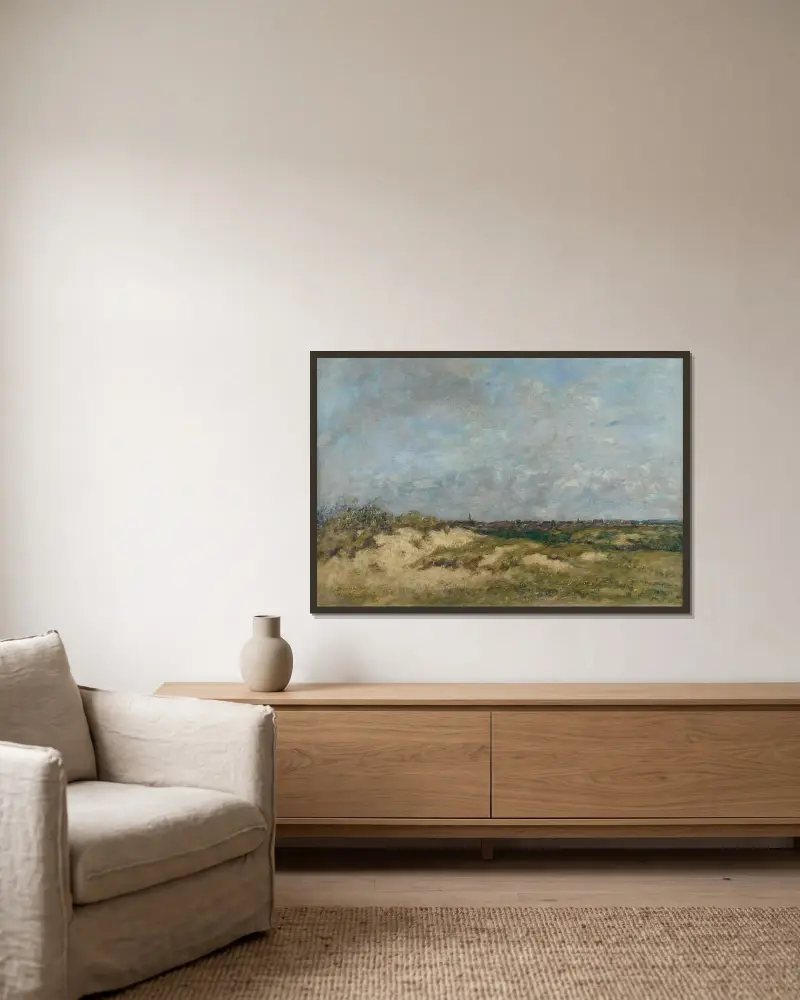 Berck, sanddynerna i hårt väder av Eugène Boudin inramad på en vägg