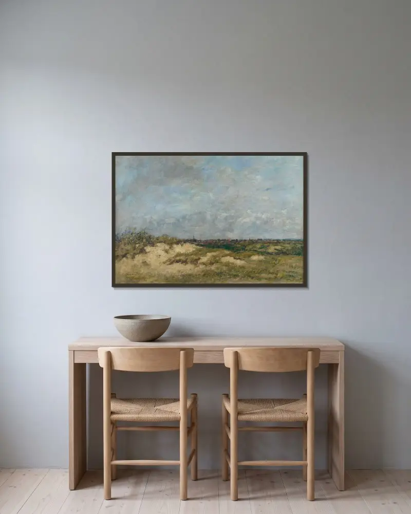 Berck, sanddynerna i hårt väder av Eugène Boudin inramad på en vägg