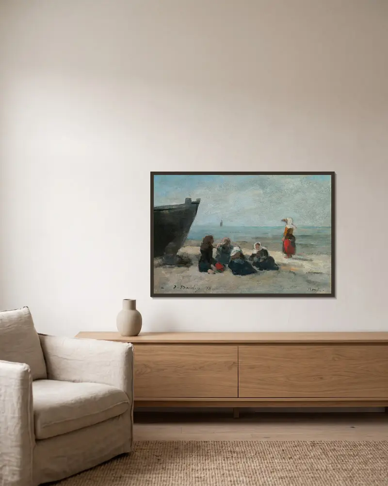 Berck. Fischerinnen, die auf die Rückkehr der Boote warten von Eugène Boudin gerahmt an einer Wand