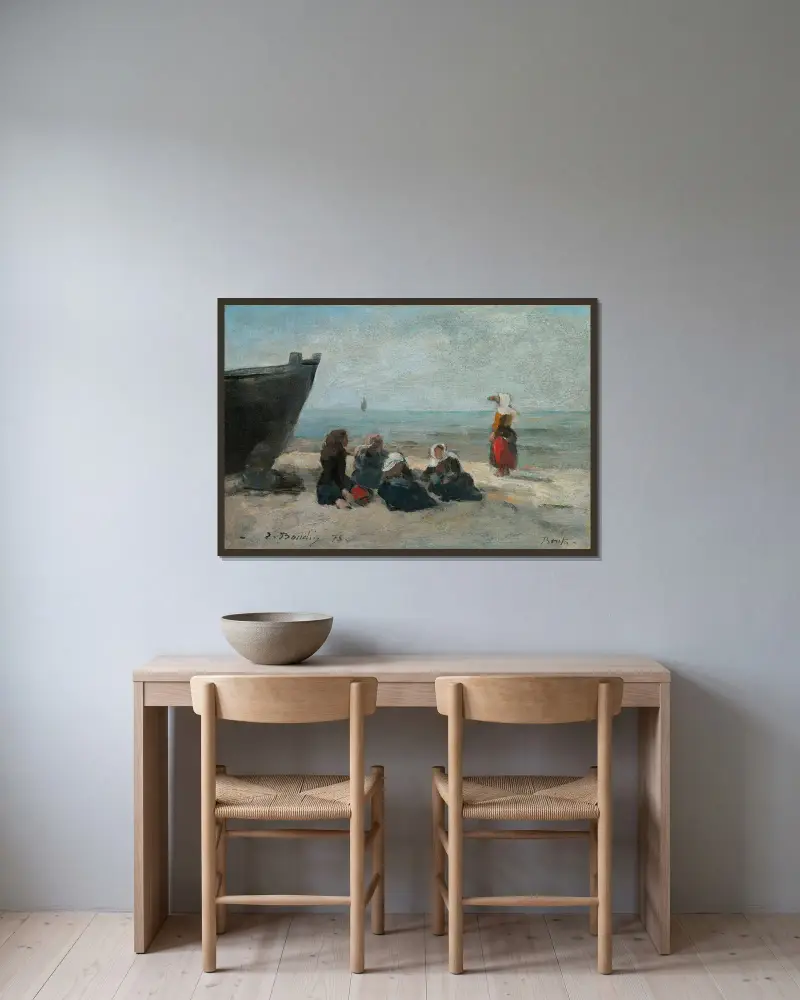 Berck. Fischerinnen, die auf die Rückkehr der Boote warten von Eugène Boudin gerahmt an einer Wand