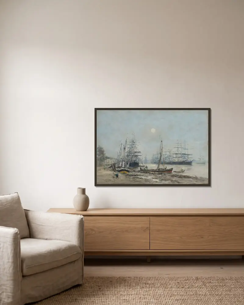 Bordeaux. Tremastare i hamnen av Eugène Boudin inramad på en vägg