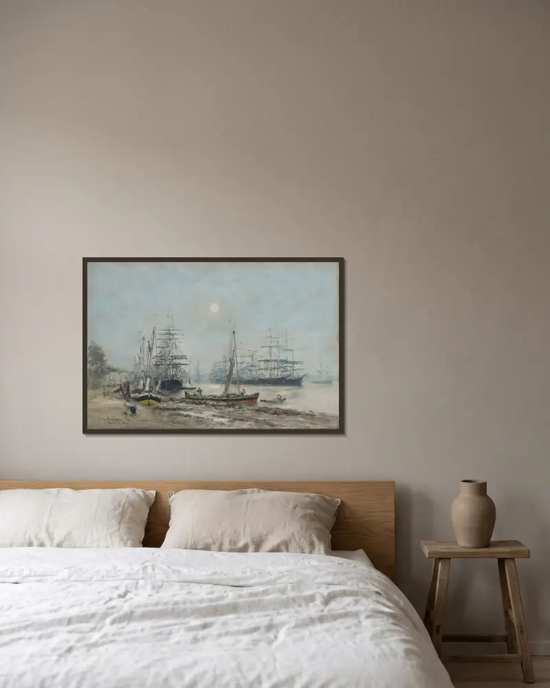 Bordeaux. Tremastare i hamnen av Eugène Boudin inramad på en vägg
