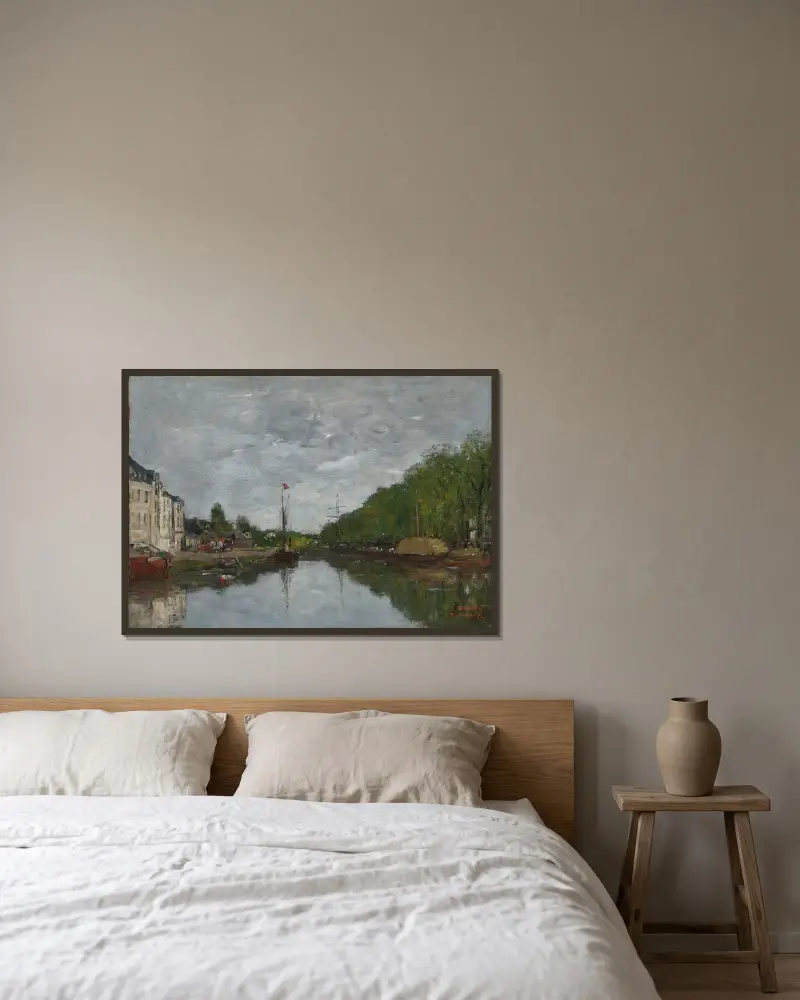 Bryssel, kanalen vid Allée Verte av Eugène Boudin inramad på en vägg