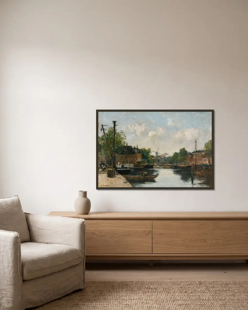Kanal i Rotterdam av Eugène Boudin inramad på en vägg