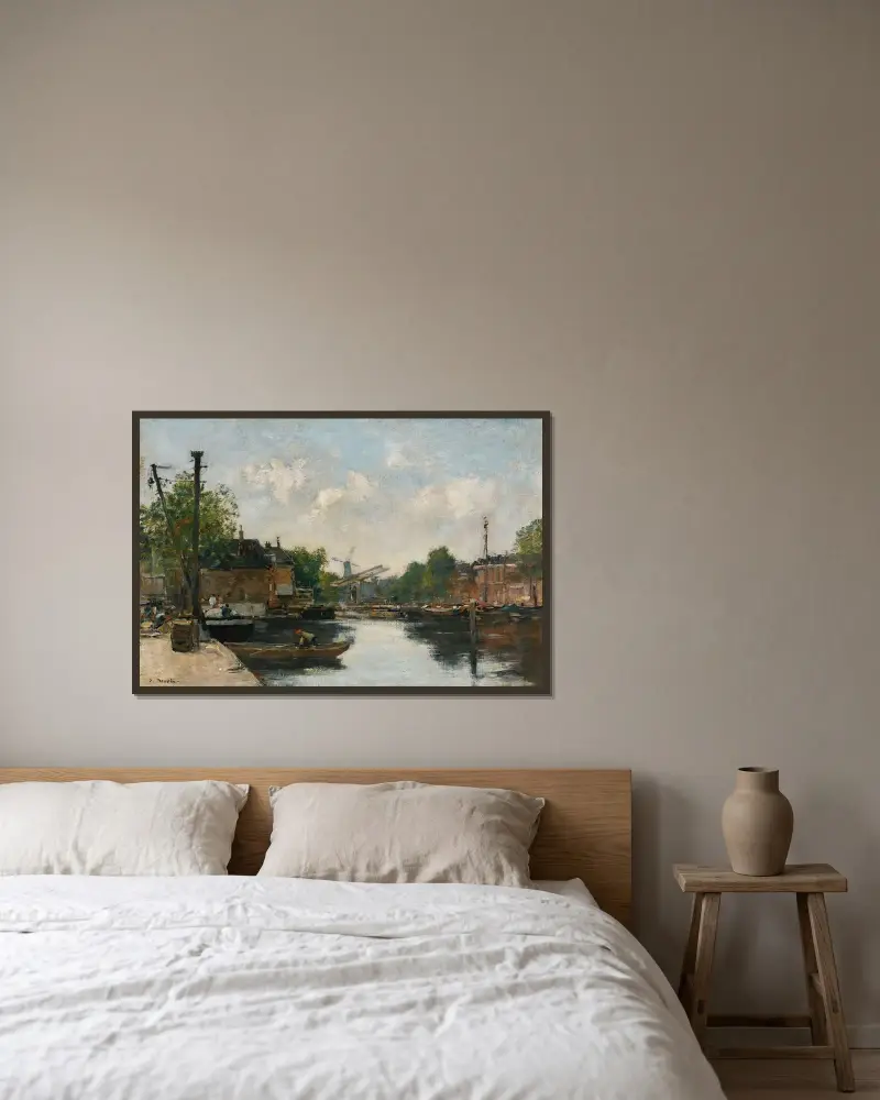 Kanal i Rotterdam av Eugène Boudin inramad på en vägg
