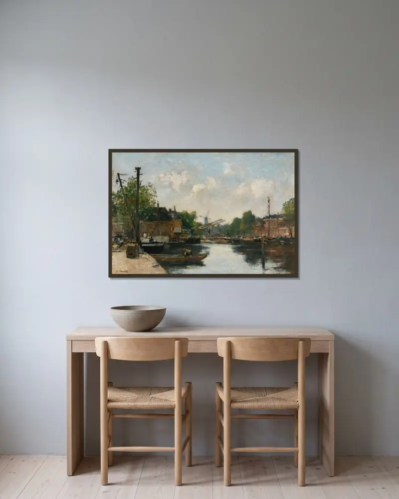 Kanal i Rotterdam av Eugène Boudin inramad på en vägg
