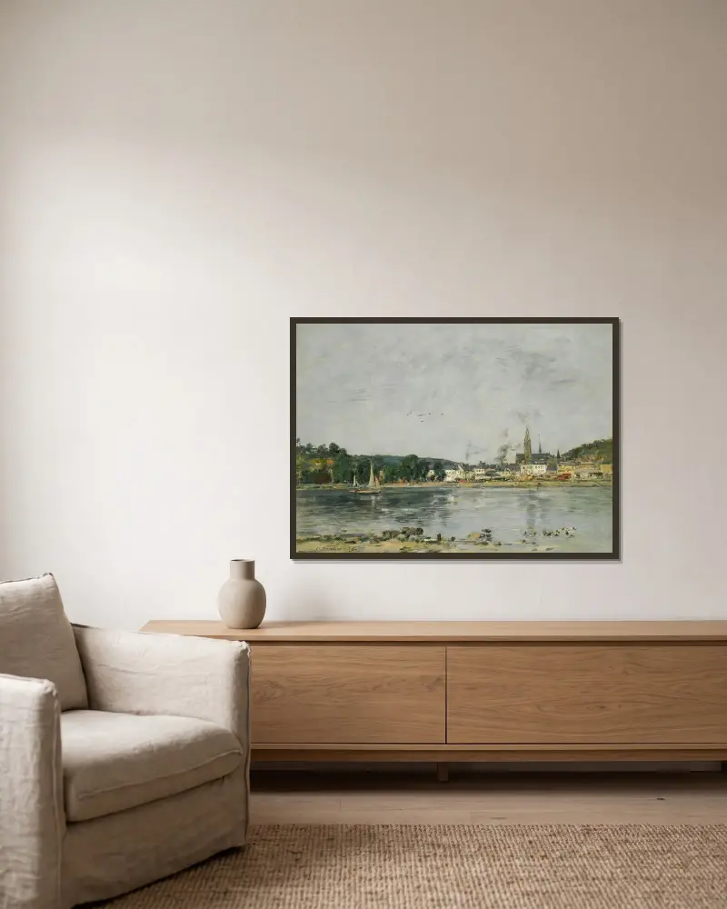 Caudebec-en-Caux, kajen vid Seine av Eugène Boudin inramad på en vägg